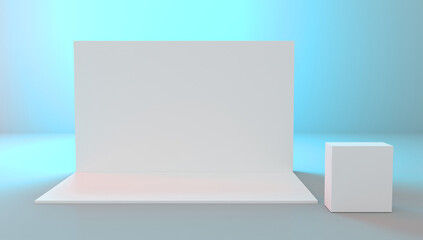 Side view of a registration stand with welcome desk banners. Mockup for events, exhibitions and presentations. 3d rendering.