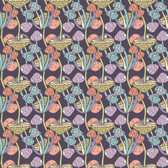 Magic mushrooms seamless pattern. Psychedelic hallucination. 60s hippie retro art. Vintage psychedelic textile, fabric, wrapping paper, wallpaper. Vector repeating illustration. 