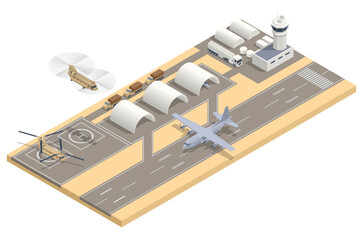 Isometric military fighter jet aircrafts, large military transport aircraft, helicopter gunship, attack helicopter parked. Military air force base army facilities with hangars