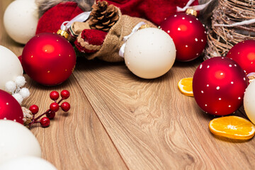 Red and white ornaments with snowflakes and Christmas decoration