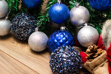 Silver and blue ornaments on the Christmas tree