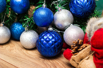 Silver and blue ornaments on the Christmas tree