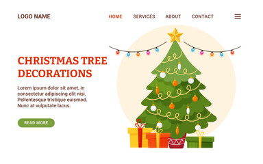 Landing page tamplate with Christmas tree. Xmas decoration, sale of firs, garland, decor for home. Vector festive background, banner, website, store, advertising