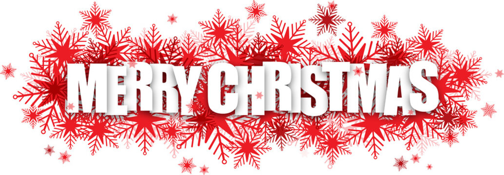 MERRY CHRISTMAS white typography banner on red snowflakes with transparent background