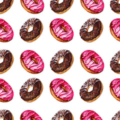Seamless pattern : brown chocolate and pink donuts on white. Design with appetizing sweet desserts for textile, fabric, wrapping paper, table cover, menu.