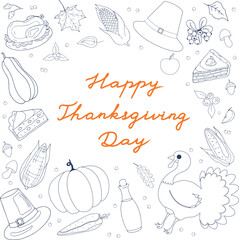 Happy Thanksgiving Day vector art. Hand drawn text in a frame of traditional food and stuff. Simple contour elements background