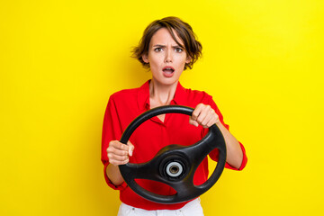 Portrait of impressed person hands hold wheel open mouth stare isolated on yellow color background
