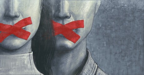 Political art, Concept idea of free speech freedom of expression and censored, surreal painting, portrait illustration , conceptual artwork illustration	 - obrazy, fototapety, plakaty