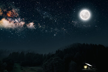 Naklejka premium The moon shines over the manger of christmas of Jesus Christ.