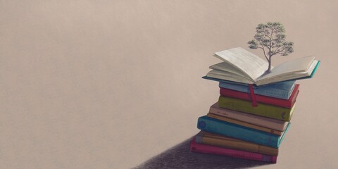 Books of life and a tree. Concept art of education, learning, reading, wisdom, study, school and imagination. creative backgrond, 3d illustration. Surreal artwork. Conceptual drawing. © Jorm Sangsorn