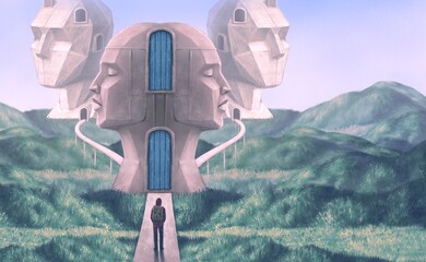 Surreal art of Brain, mind, soul, think and mystery. Conceptual artwork. landscape painting. Giant human head sculpture in nature. fantasy