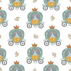 Childish seamless pattern of princess carriage hand drawn on white background for your design