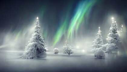 white trees and northern lights, christmas background, digital illustration, created with generative ai