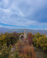 Fototapeta na wymiar fall coloured trees in forest drone point of view in the hills of Arda Valley