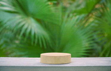 empty wood podium concrete table texture in tropical outdoor nature garden forest green plant golden sunlight jungle background with space.organic healthy natural product present promotion display.