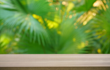 table top wood podium counter in tropical outdoor nature garden forest jungle green plant with...