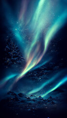 magical christmas background, dark blue with northern lights, digital illustration, created with generative ai