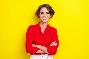 Photo of pretty adorable nice gorgeous woman with bob hairstyle wear red shirt standing hands...