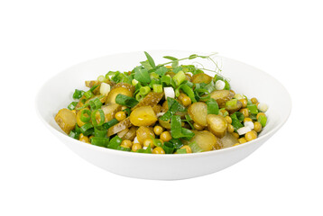 Pickled Gherkins Salad in White Bowl. Chopped Pickled Cucumbers, Canned Green Peas, Green Onions Salat