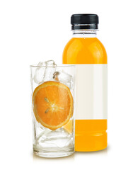 orange fruit and orange juice in bottle white glass and ice isolated on white background
