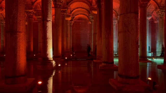 Istanbul Basilica Cistern with columns lighted over water. Popular underground landmark in Turkey