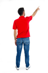 Back view of pointing young men in red shirt. Young guy gesture. Rear view people collection. backside view of person. Isolated over white background 