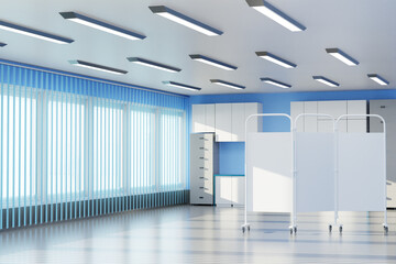 Doctors office. City clinic. Hospital interior with large windows. Doctors office receiving patients. Room with folding screen on wheels. Concept selling furniture for medical institutions. 3d image