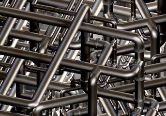 Tangled pipes background. Texture with intertwining pipes. Steel plumbing. Metal pattern with pipes. Background on theme of engineering communications. Production concept. 3d rendering.