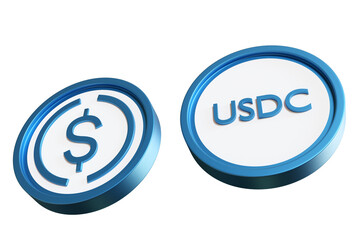 USDC cryptocurrency. Stablecoin money. USDC coins isolated on white. Stable cryptocurrency. Blockchain dollar. USDC symbol. Volumetric USD logo. Coins for fiat dollar exchange. 3d rendering. - obrazy, fototapety, plakaty