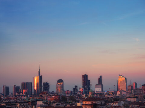 Skyline of Milan city at dusk