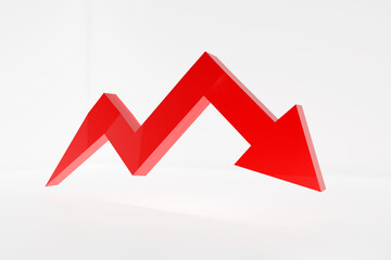 Recession arrow. Symbol for economic decline. Red arrow signal. On white background.