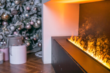 Modern fireplace sitting area with two leather chairs. Interior design.