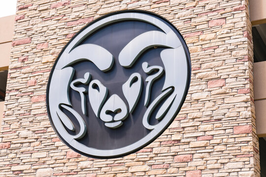 Rams mascot logo on a building at the Colorado State University in Fort Collins