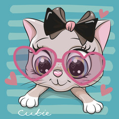 Fototapeta premium Cartoon cat with a black bow and glasses