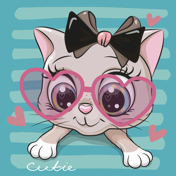 Cartoon cat with a black bow and glasses