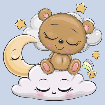 Cartoon Teddy Bear is sleeping a on the Cloud