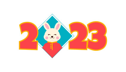 Japanese card with rabbit and 2023. Horoscope template. Modern blue background. New year design 2023. Flat illustration. Festival season.