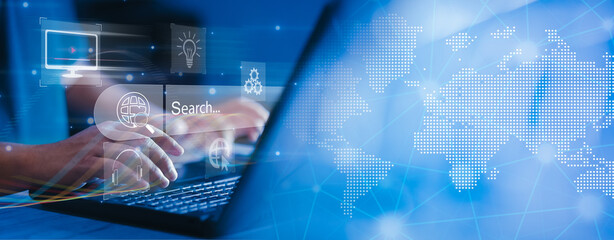 technology about internet of thing concept. IoT, Internet of Things, global network, E-learning, online study concept. Business person working on laptop computer and digital tablet..