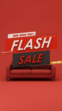 Flash sale banner template Special offer discount concept Sale of home decorations and furniture During promotions. surrounded by sofas chairs and advertising spaces. pastel background. 3d render