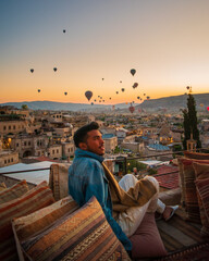sunrise with hot hair ballons in Goreme Capadoccia Turkey