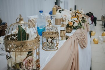 Closeup of decorated wedding table in restaurant