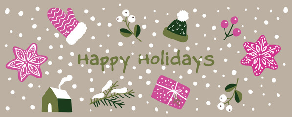 Happy holidays icons elements banner card with stars, mistle toes and other christmas elements - horizontal Vector illustration