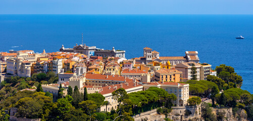 Fototapeta na wymiar Panoramic view of Monaco Ville Rock royal old town district on French riviera at Mediterranean Sea coast
