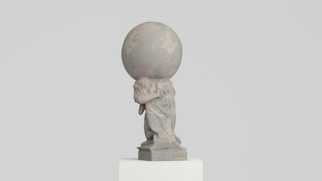 Atlas Statue Holding up the globe earth Celestial Heavens Pure White concrete cement texture. 3d illustration render spinning looped