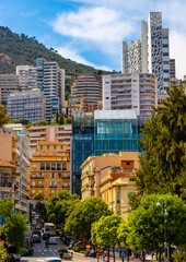 Panoramic view of dense residential development of Hercules Port and Les Revoires quarter in Monte Carlo district of Monaco Principate