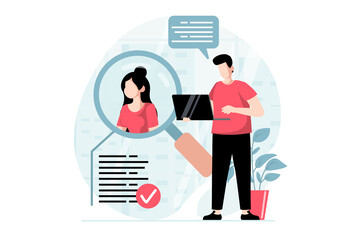 Employee hiring process concept with people scene in flat design. Man working as HR manager, looking resume, chooses best candidate for staff. Illustration with character situation for web