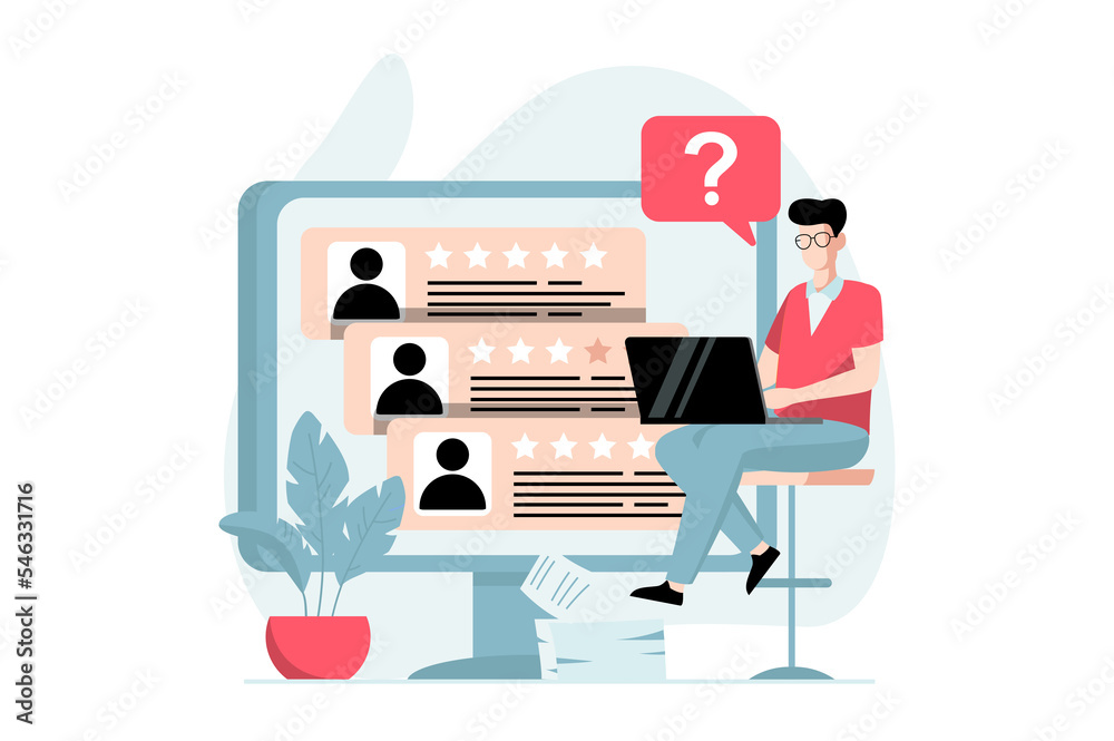 Fototapete employee hiring process concept with people scene in flat design. hr manager reviews resumes online 
