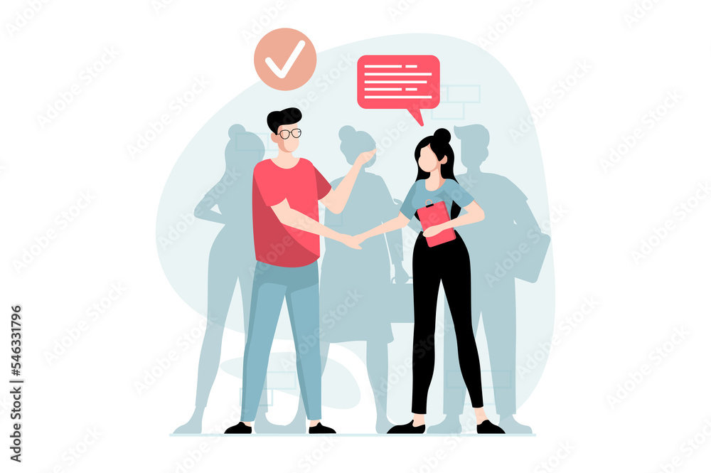 Fototapete Employee hiring process concept with people scene in flat design. HR manager shakes hands with applicant and hires best candidate after interview. Illustration with character situation for web