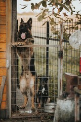 Shepherd dog standing in back paws and leaning to metal fence