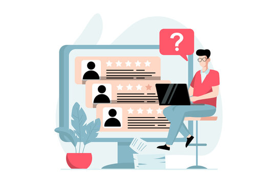 Employee hiring process concept with people scene in flat design. HR manager reviews resumes online and selects best applicants using laptop. Illustration with character situation for web